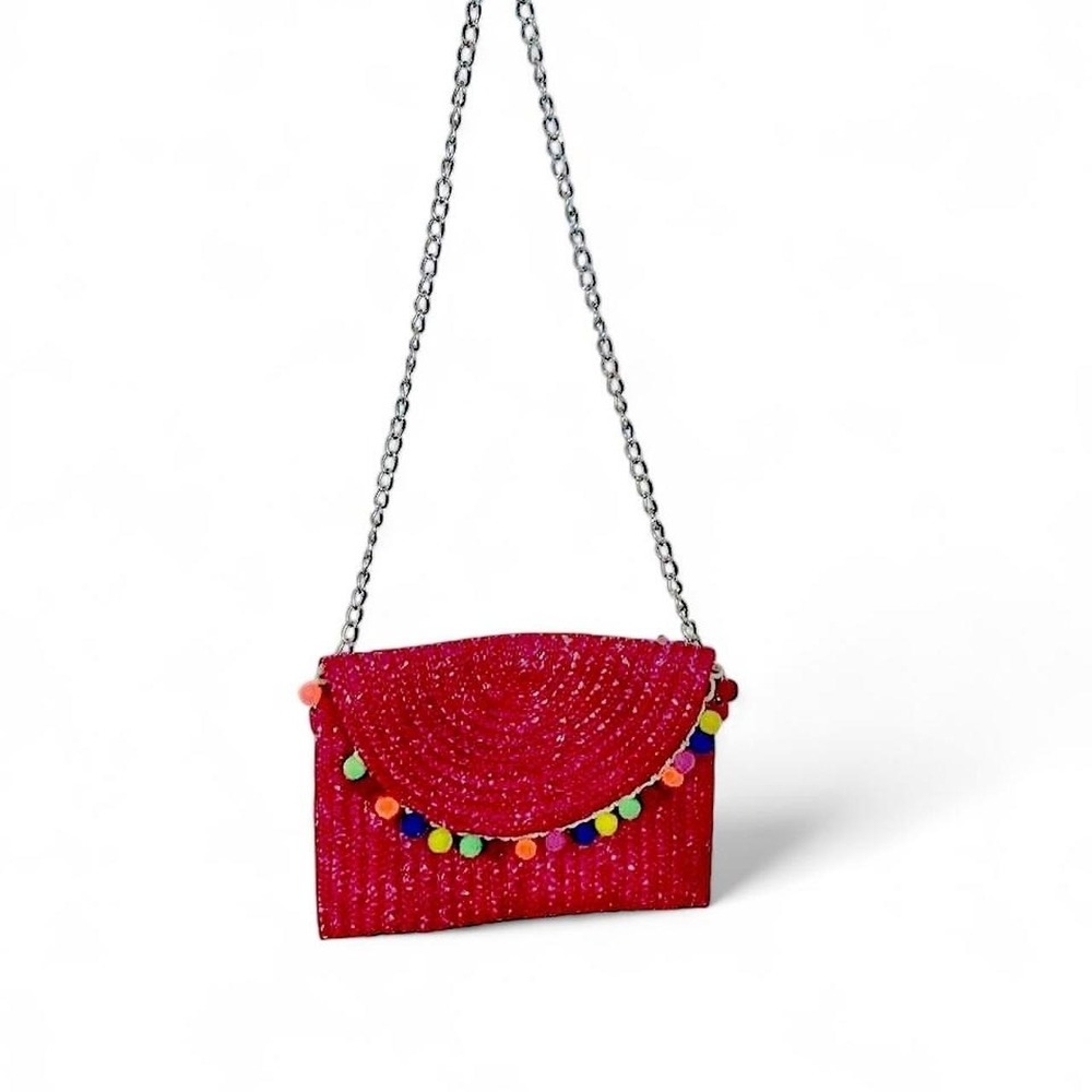 Pink Straw Clutch Purse Pom Pom Crossbody Chain Strap Boho Festival Handbag